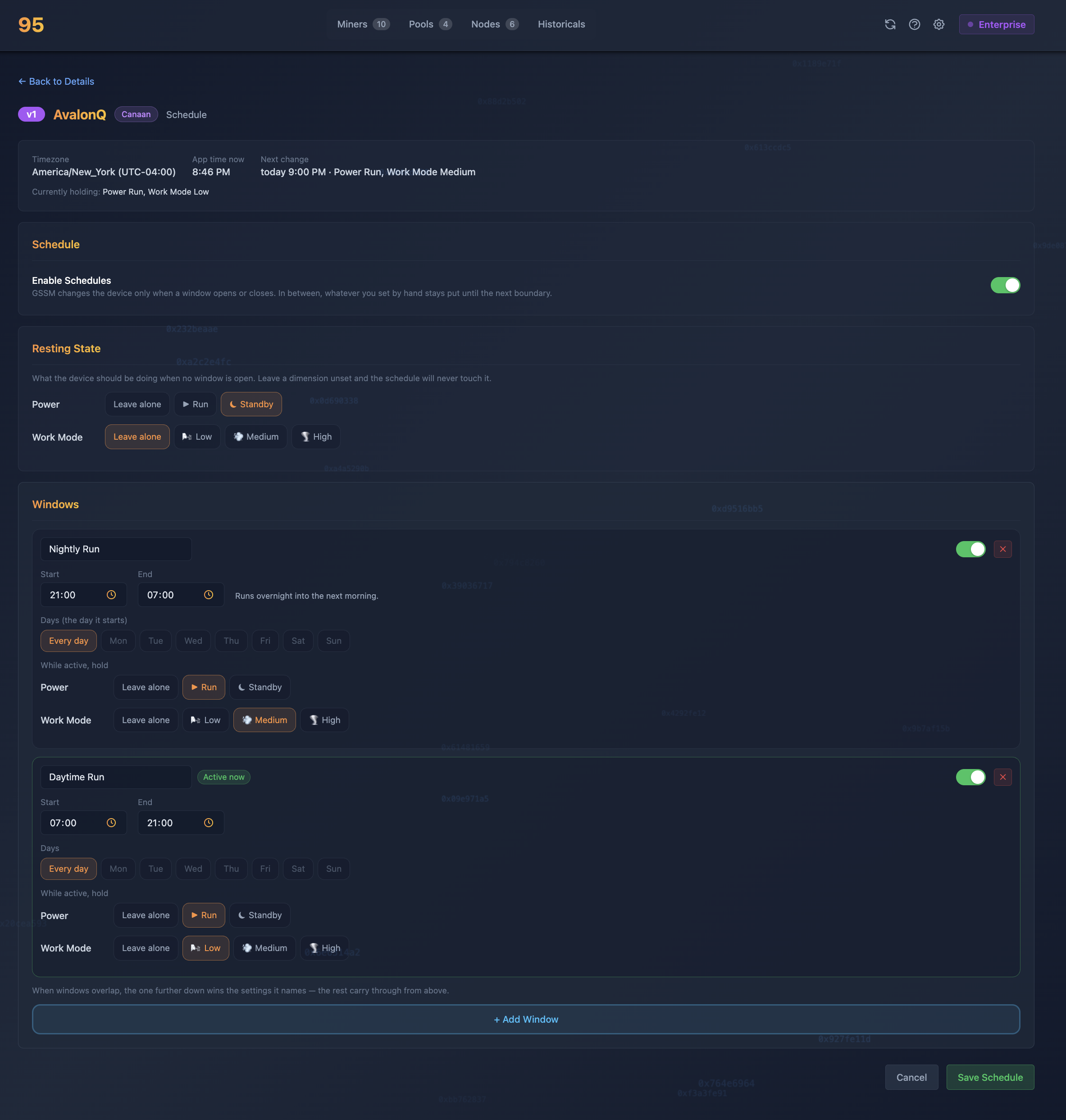 Schedules - Time windows that hold a power state and work mode
